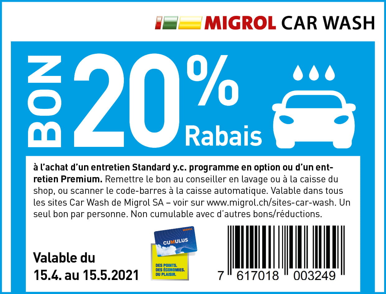 Migrol - Bon de rabais Car Wash - RADIN.ch échantillon concours gratuit  suisse bons plans